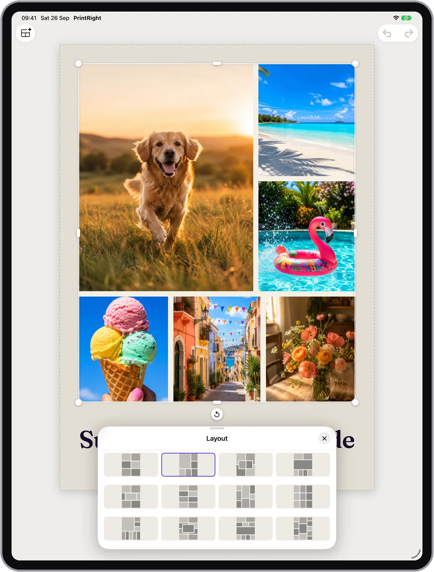 PrintRight on iPad: a summer collage of six photos with the Layout picker open underneath.