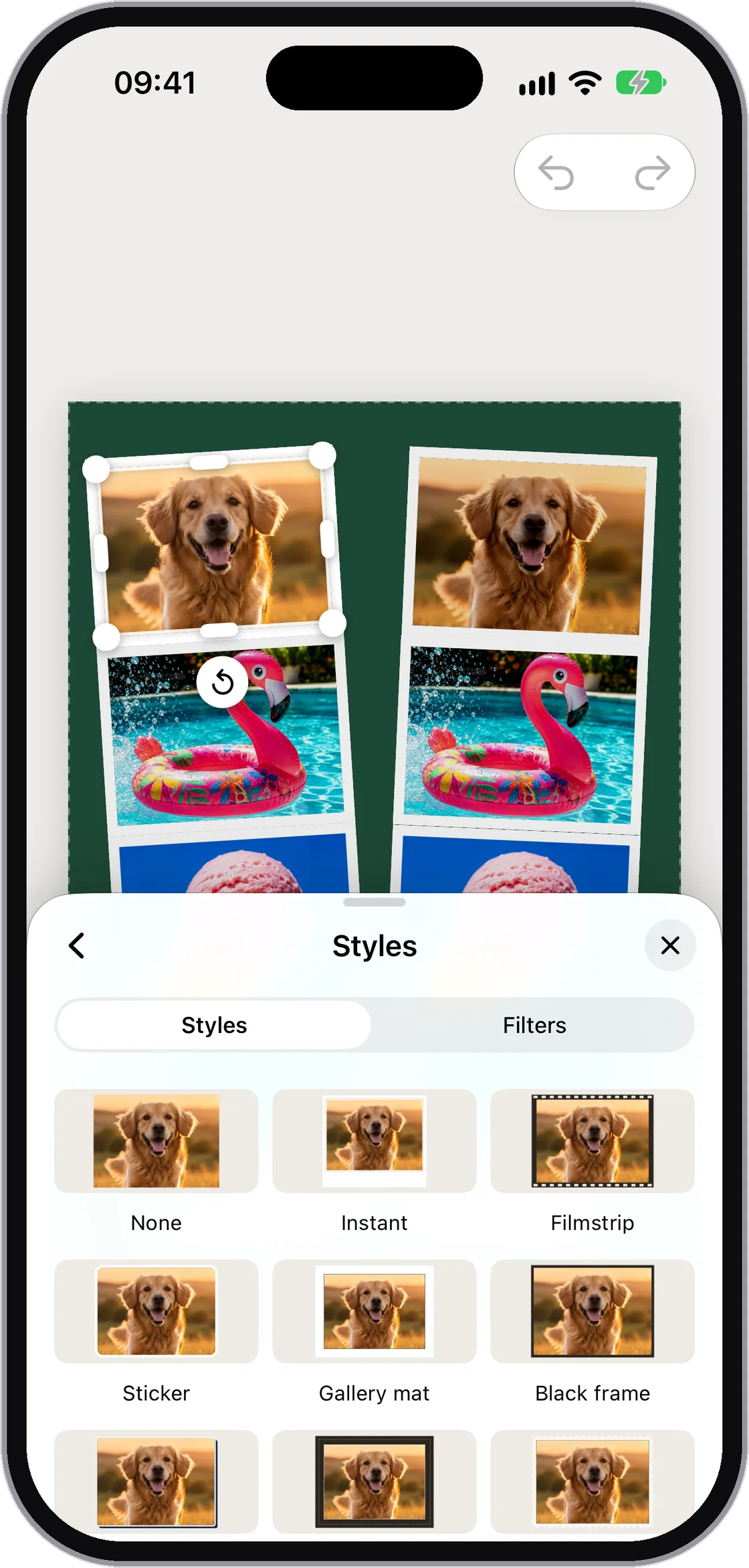 The photo Styles panel on a photo-booth strip: None, Instant, Filmstrip, Sticker, Gallery mat and Black frame.