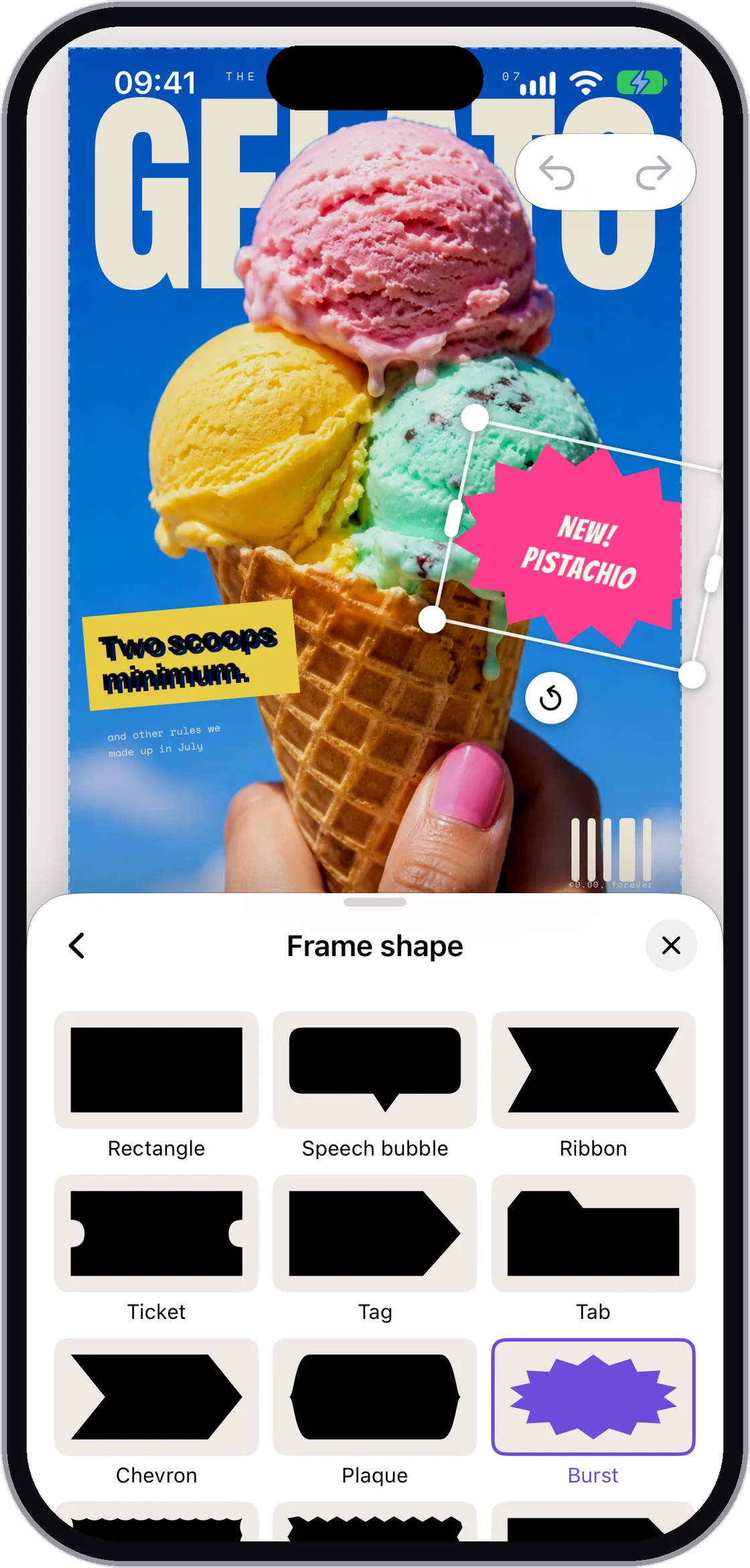 The frame shape picker: rectangle, speech bubble, ribbon, ticket, tag, tab, chevron, plaque and burst.