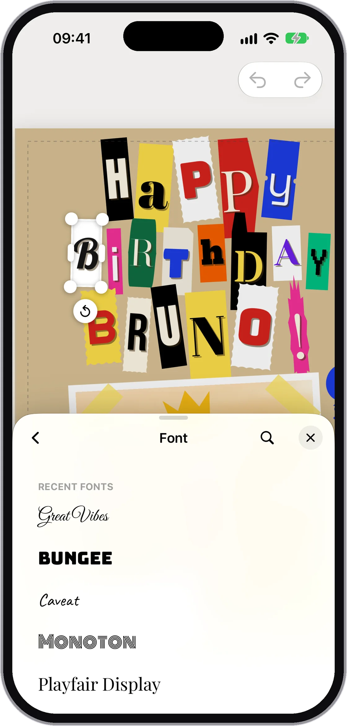 The font list with recent picks: Great Vibes, Bungee, Caveat, Monoton and Playfair Display.