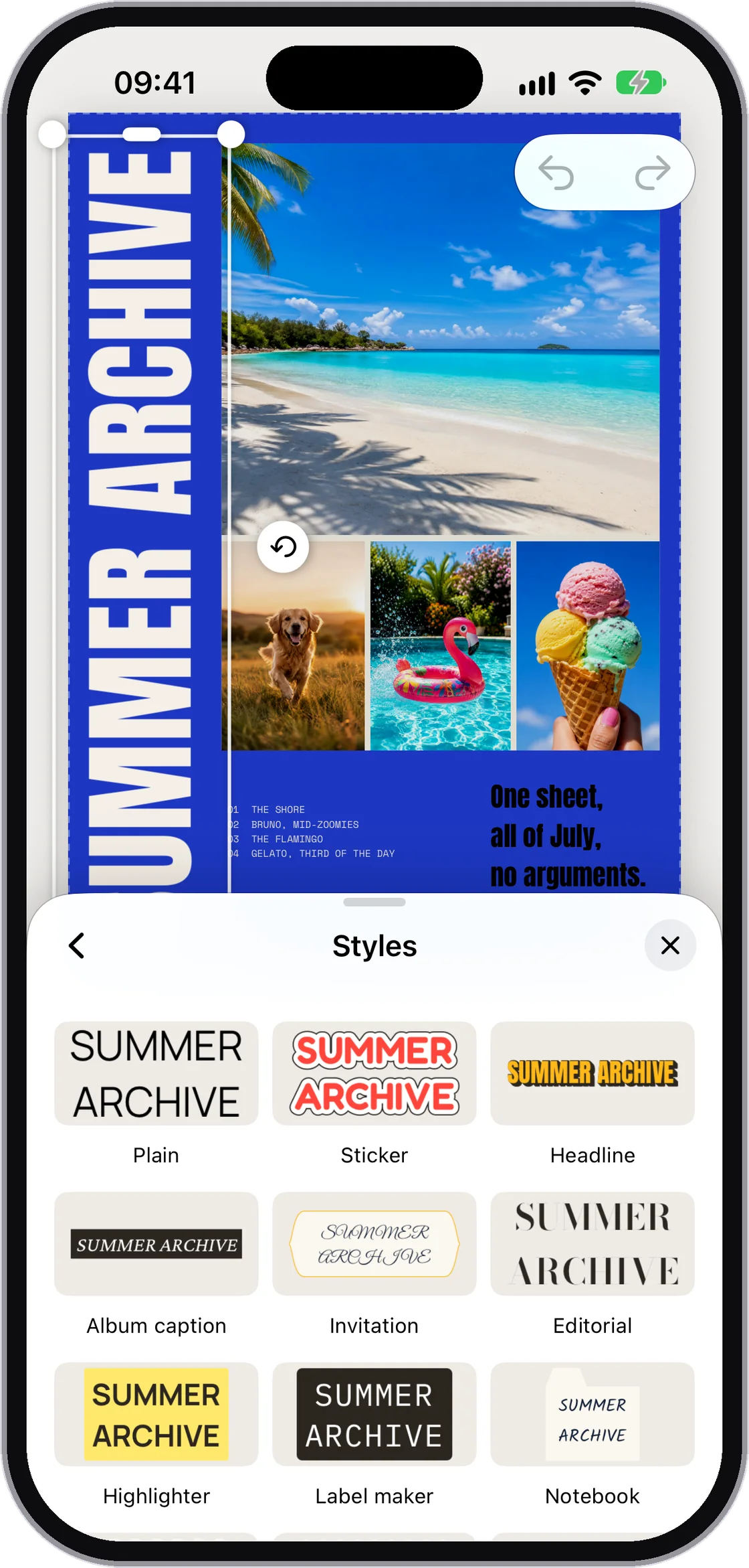 The text Styles panel showing SUMMER ARCHIVE as Plain, Sticker, Headline, Invitation and more.