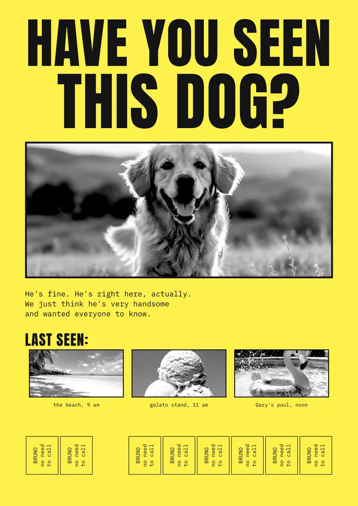 A yellow flyer reading Have you seen this dog, with a black and white photo of a golden retriever and tear-off tabs.