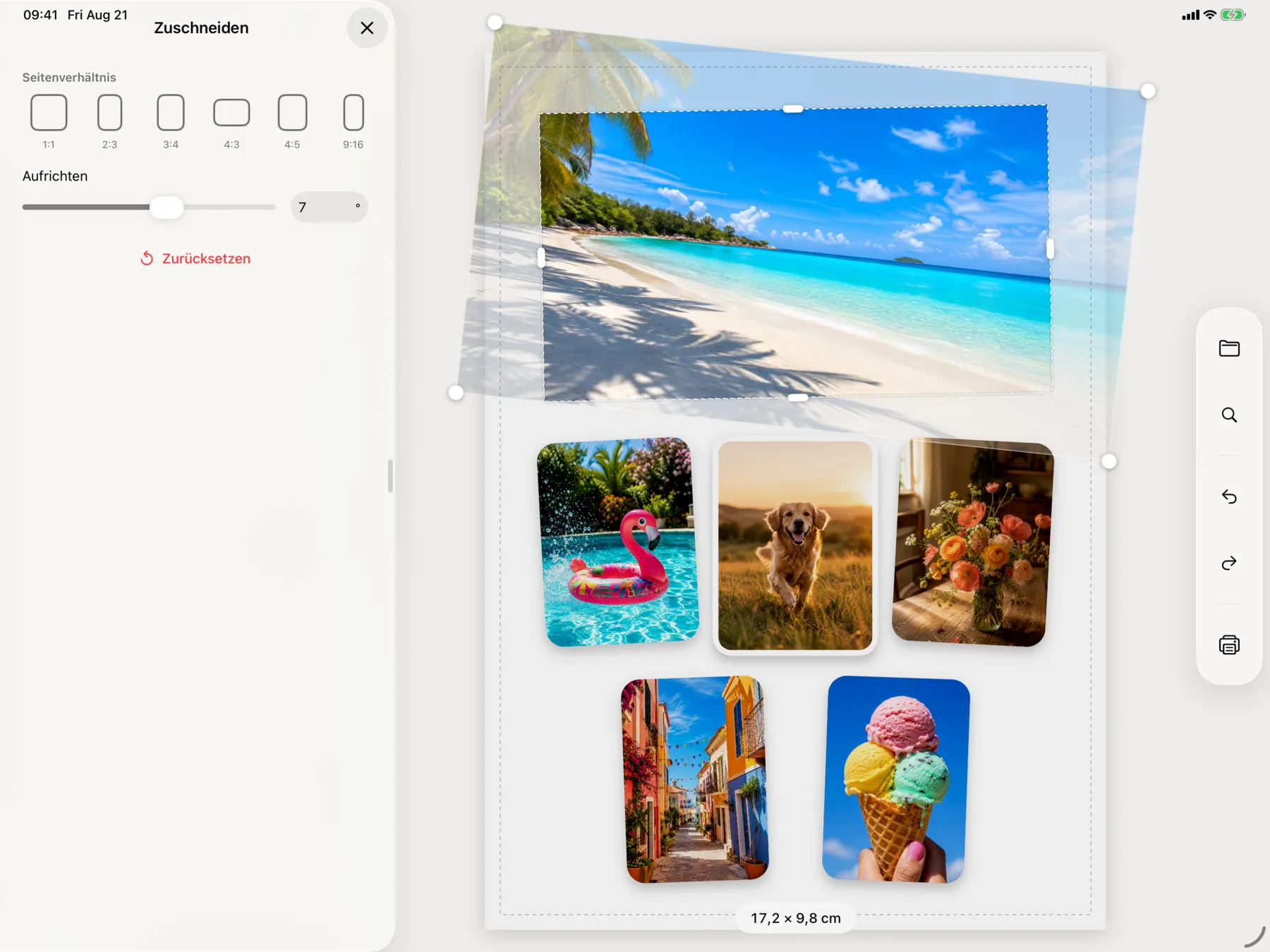 PrintRight auf dem iPad mit geöffnetem Zuschneiden-Bereich neben einer Seite mit Fotos