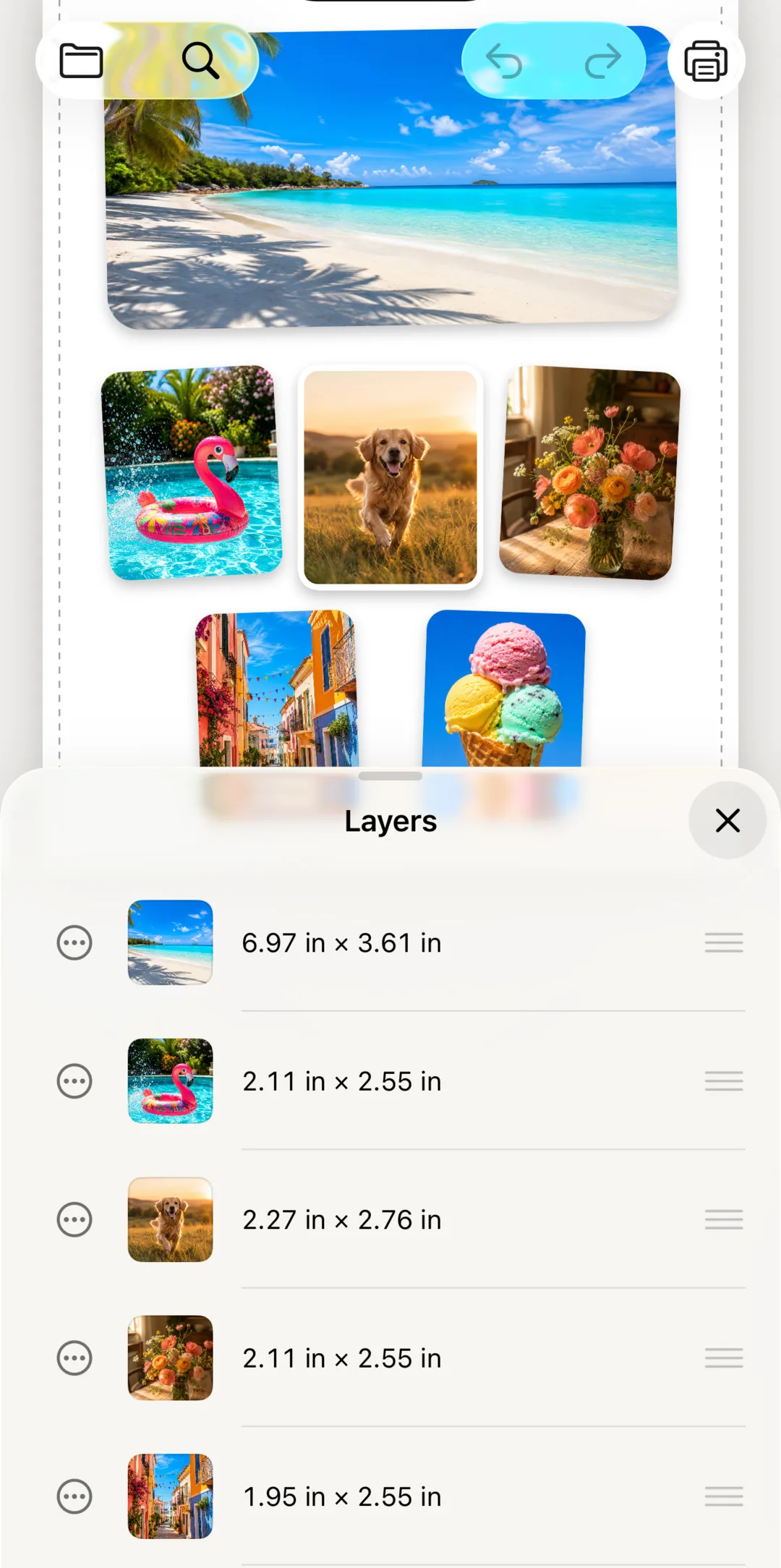 The Layers list used to reorder, lock and duplicate photos