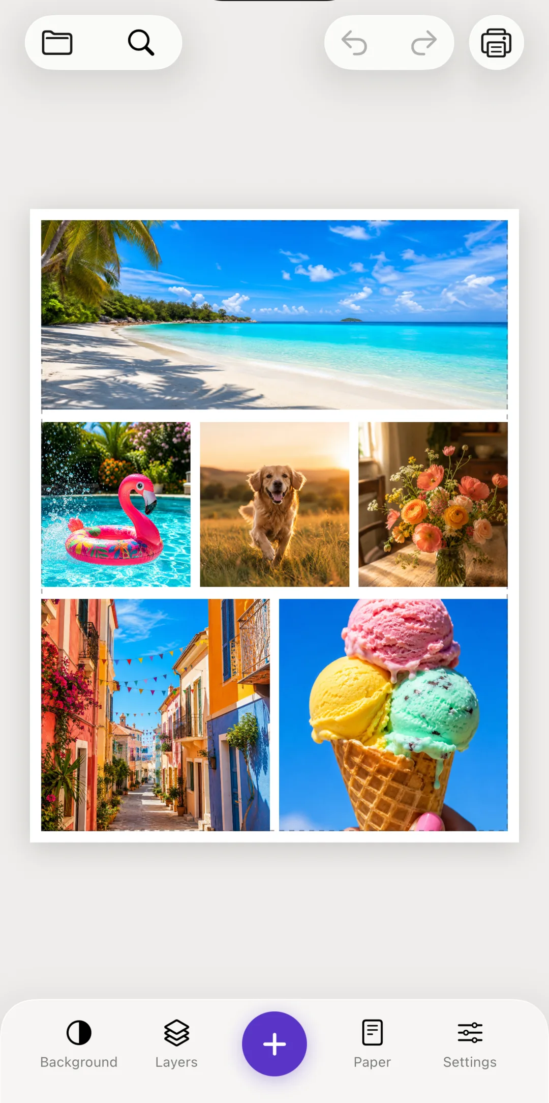 A page in PrintRight filled with several arranged photos