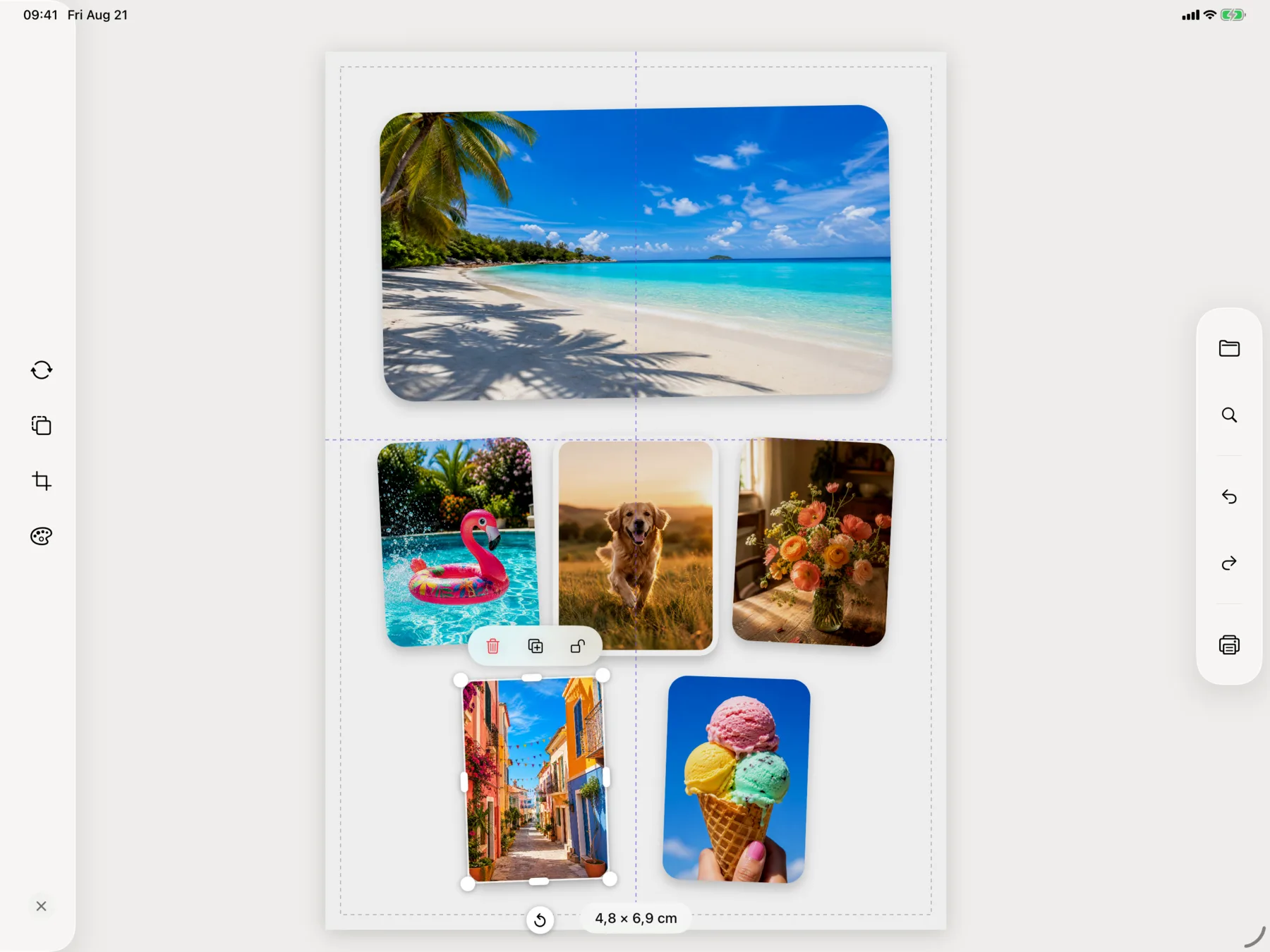 PrintRight su iPad con le guide di allineamento mentre si sposta una foto