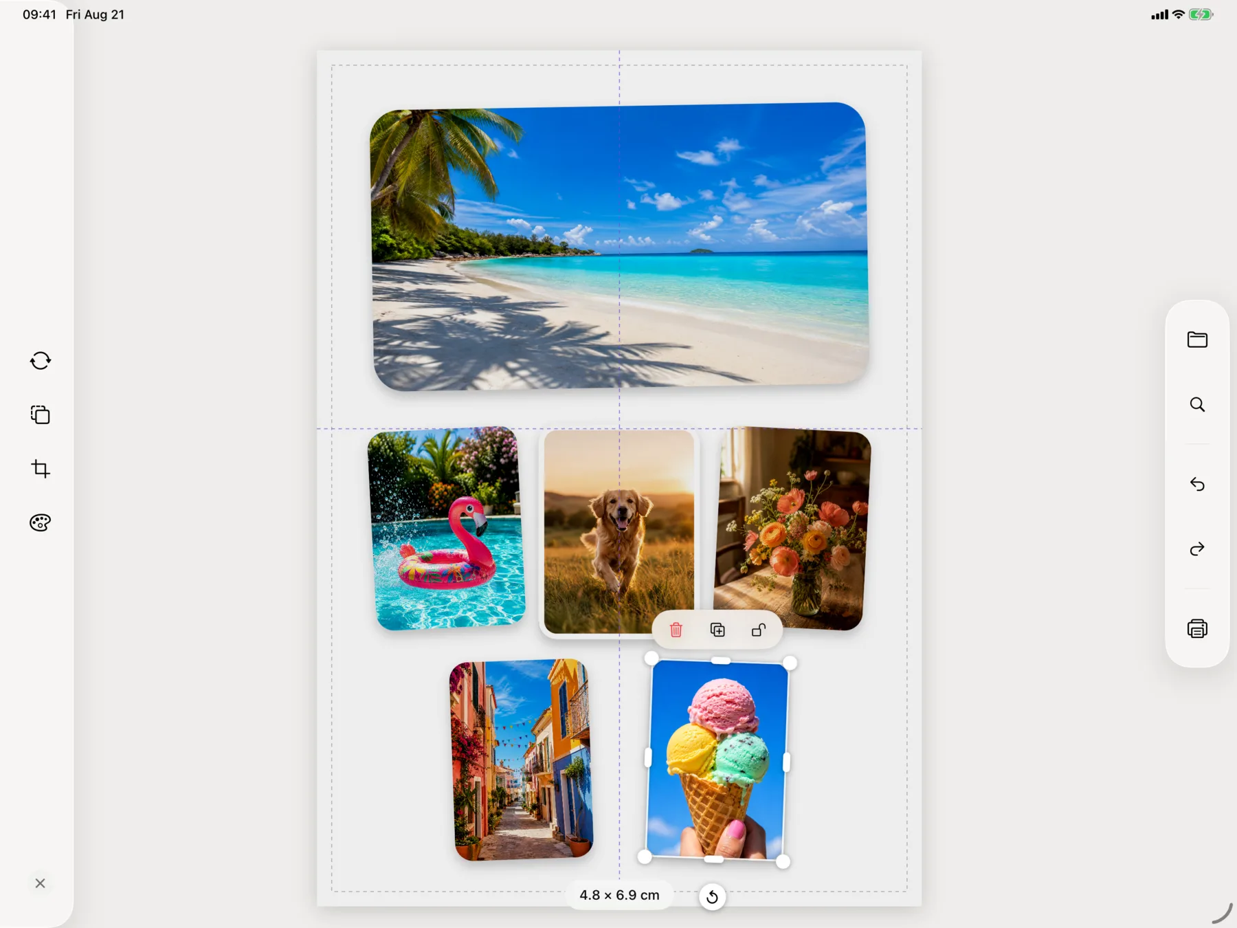 写真の移動中に整列ガイドを表示するiPad版PrintRight