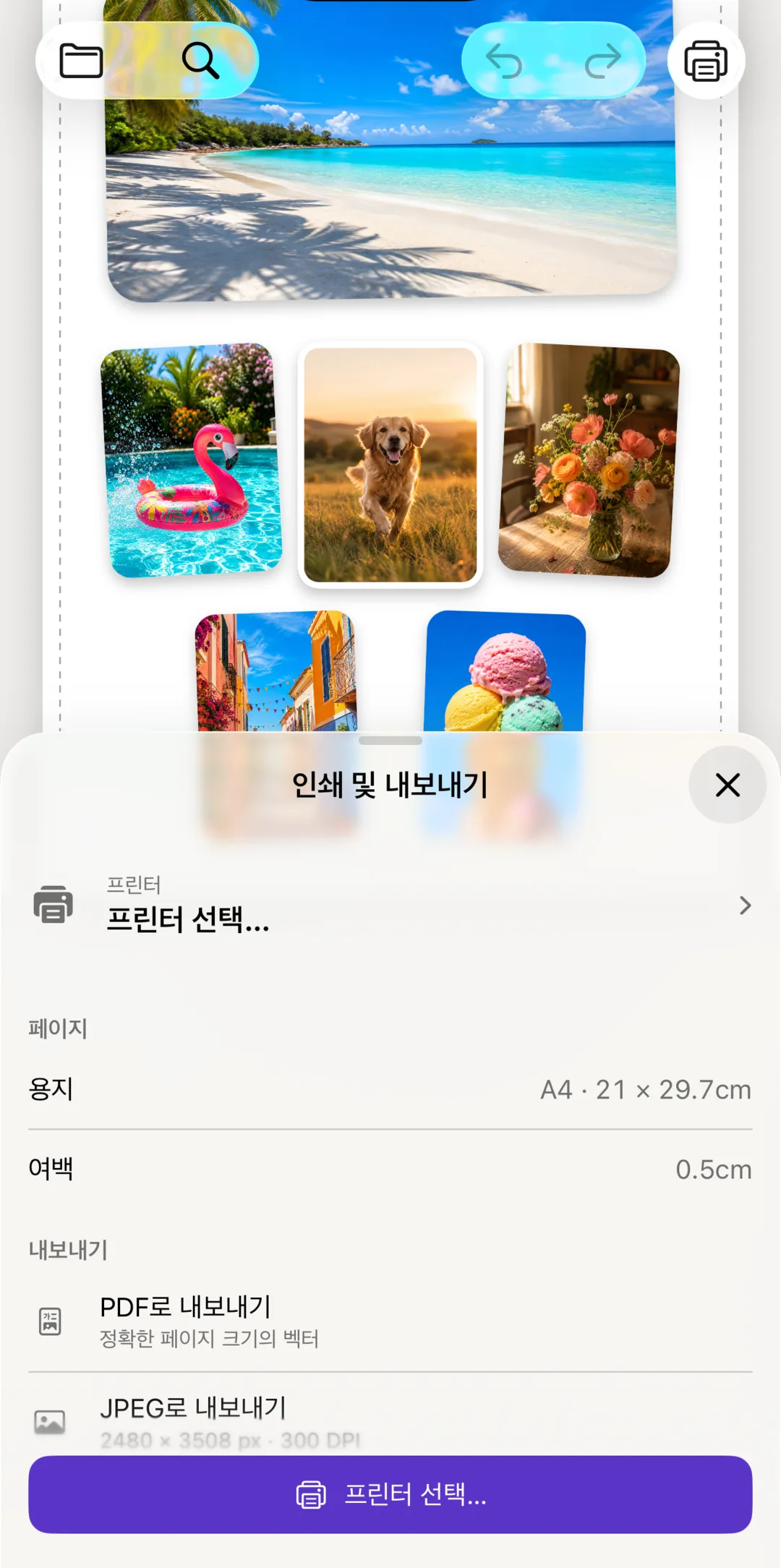 프린터, 용지와 내보내기 옵션을 보여주는 인쇄 도구