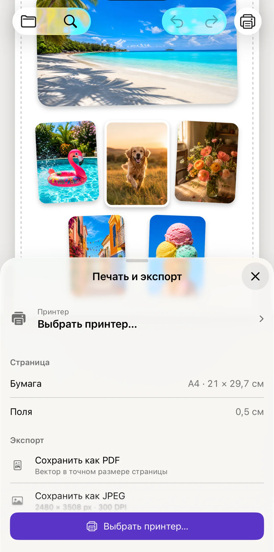 Инструмент Печать с настройками принтера, бумаги и экспорта